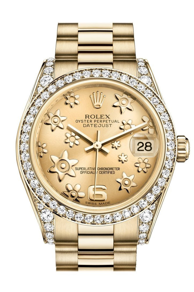 Rolex Datejust 31 Champagne Floral Motif Dial Diamond Bezel Lug 18K Yellow Gold President Ladies Watch 178158