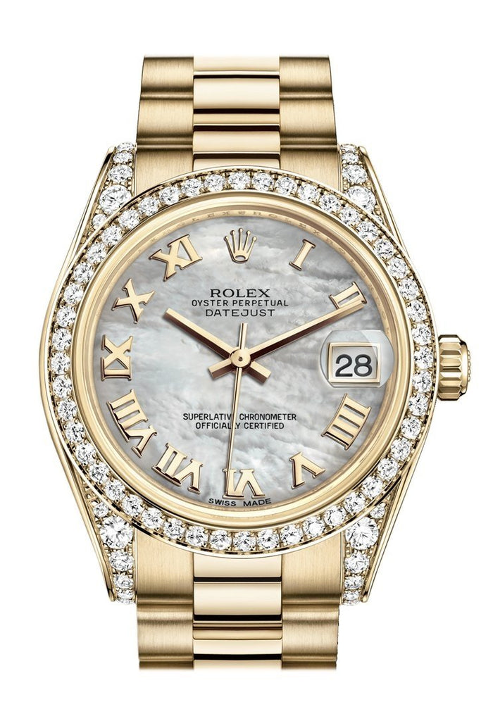 Rolex Datejust 31 White Mother of Pearl Roman Dial Diamond Bezel Lug 18K Yellow Gold President Ladies Watch 178158