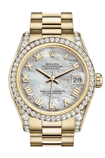 Rolex Datejust 31 White Mother of Pearl Roman Dial Diamond Bezel Lug 18K Yellow Gold President Ladies Watch 178158