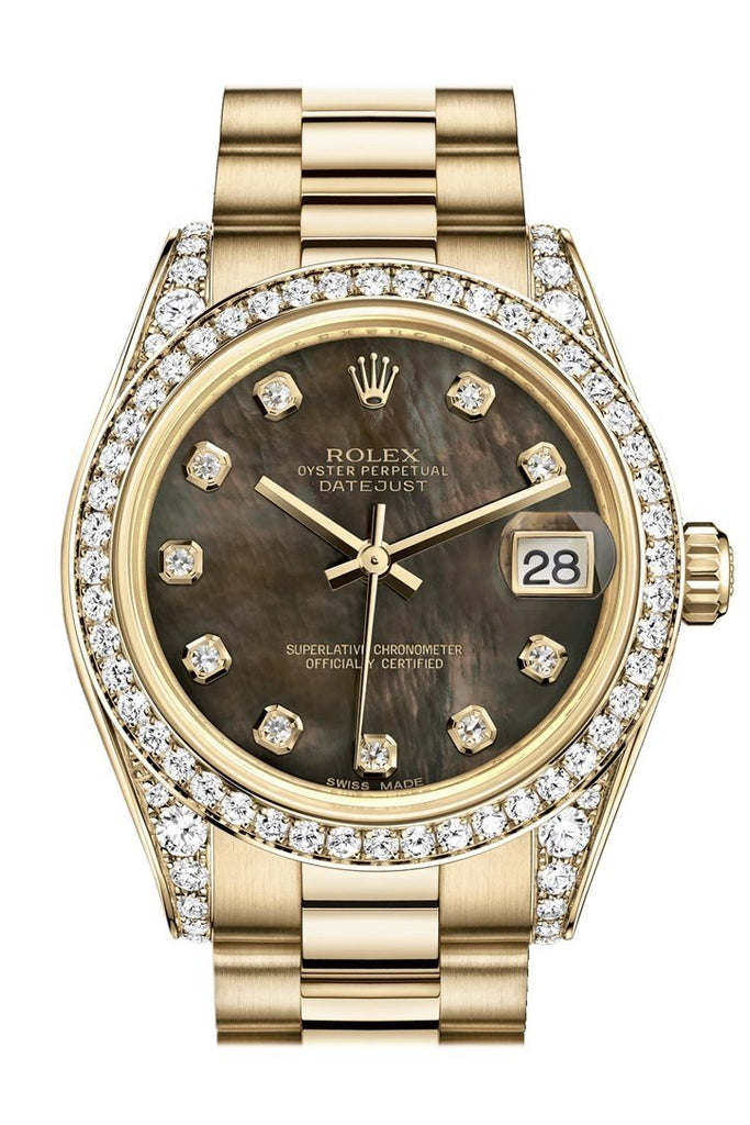Rolex Datejust 31 Black Mother of Pearl Diamond Dial Diamond Bezel Lug 18K Yellow Gold President Ladies Watch 178158