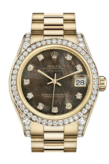 Rolex Datejust 31 Black Mother of Pearl Diamond Dial Diamond Bezel Lug 18K Yellow Gold President Ladies Watch 178158