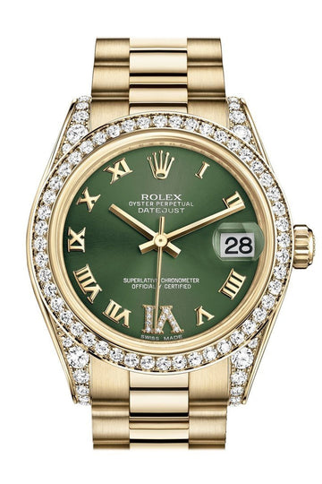 Rolex Datejust 31 Olive Green VI Diamonds Dial Diamond Bezel Lug 18K Yellow Gold President Ladies Watch 178158