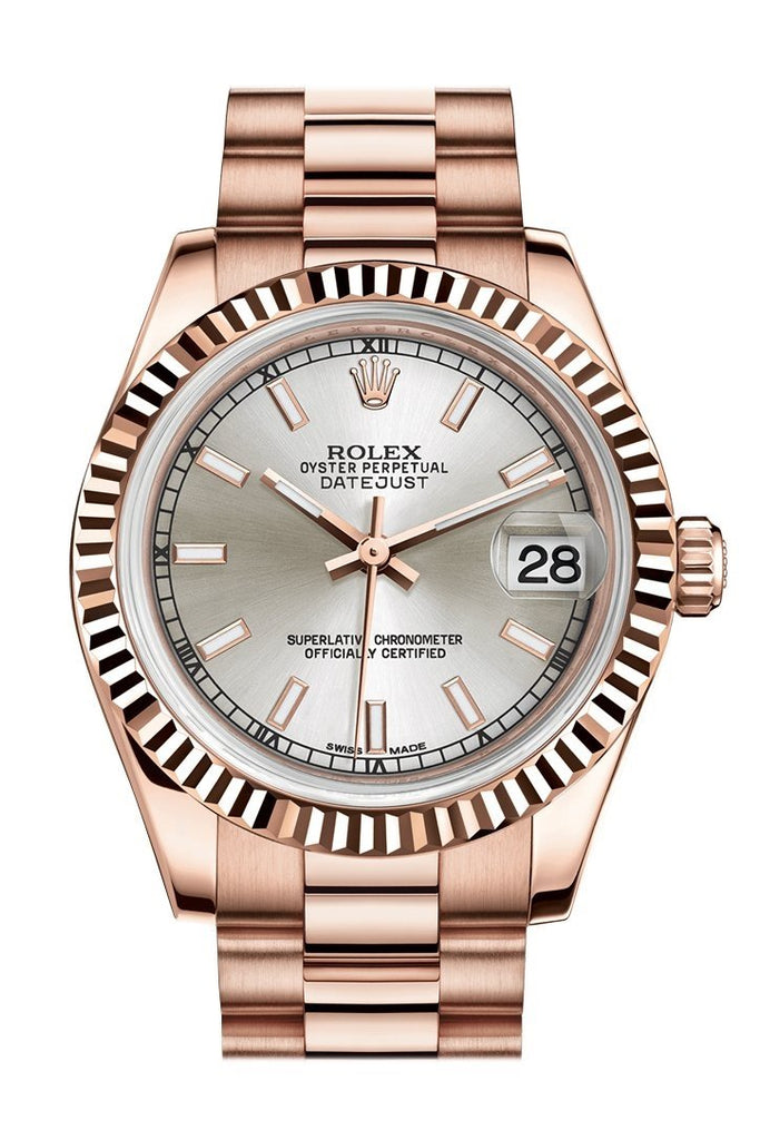 Rolex Datejust 31 Silver Dial Fluted Bezel 18K Everose Gold President Ladies Watch 178275