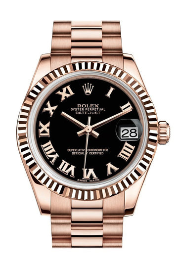 Rolex Datejust 31 Black Roman Dial Fluted Bezel 18K Everose Gold President Ladies Watch 178275