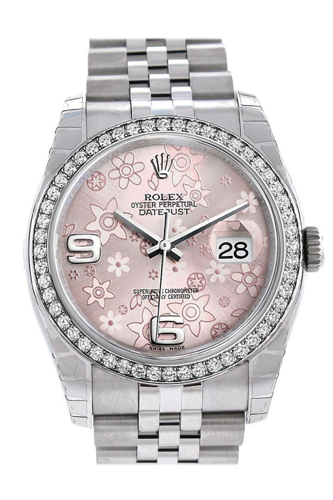 Rolex Datejust 36 Pink Floral Motif Dial 18k White Gold Diamond Bezel Jubilee Watch 116244