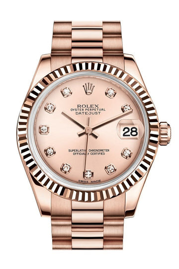 Rolex Datejust 31 Pink Diamond Dial Fluted Bezel 18K Everose Gold President Ladies Watch 178275