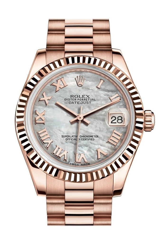 Rolex Datejust 31 White Mother of Pearl Roman Dial Fluted Bezel 18K Everose Gold President Ladies Watch 178275