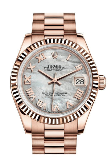 Rolex Datejust 31 White Mother of Pearl Roman Dial Fluted Bezel 18K Everose Gold President Ladies Watch 178275