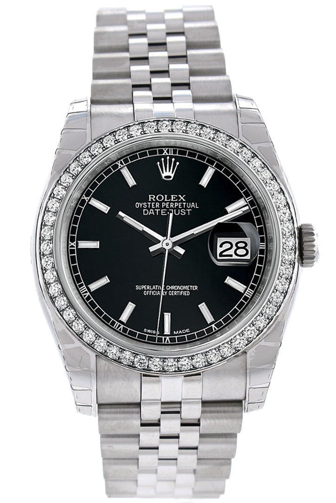 Rolex Datejust 36 Black Dial 18k White Gold Diamond Bezel Jubilee Men's Watch 116244