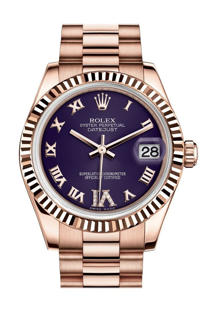 Rolex Datejust 31 Purple Large VI set with Diamond Dial Fluted Bezel 18K Everose Gold President Ladies Watch 178275