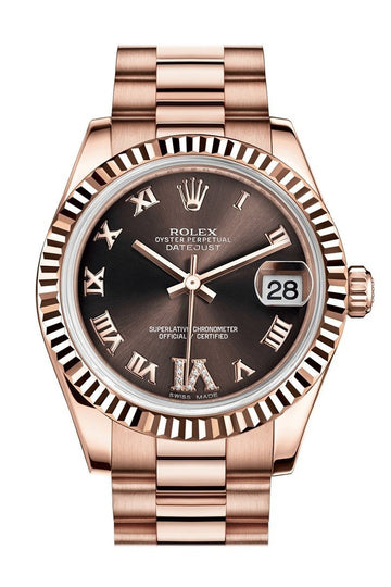 Rolex Datejust 31 Chocolate Large VI set with Diamond Dial Fluted Bezel 18K Everose Gold President Ladies Watch 178275