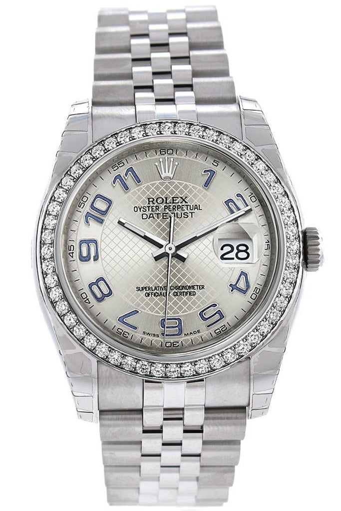Rolex Datejust 36 Silver Arab Dial 18k White Gold Diamond Bezel Jubilee Men's Watch 116244