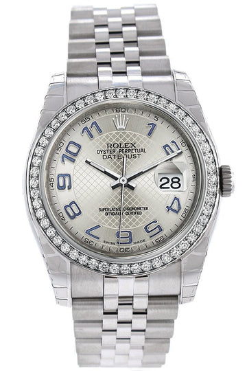 Rolex Datejust 36 Silver Arab Dial 18k White Gold Diamond Bezel Jubilee Men's Watch 116244