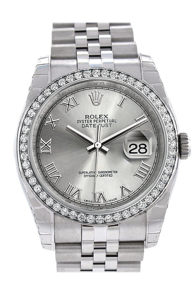 Rolex Datejust 36 Rhodium Roman Dial 18k White Gold Diamond Bezel Jubilee Men's Watch 116244
