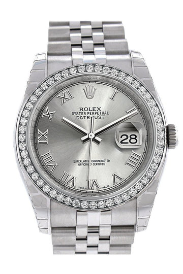 Rolex Datejust 36 Rhodium Roman Dial 18k White Gold Diamond Bezel Jubilee Men's Watch 116244