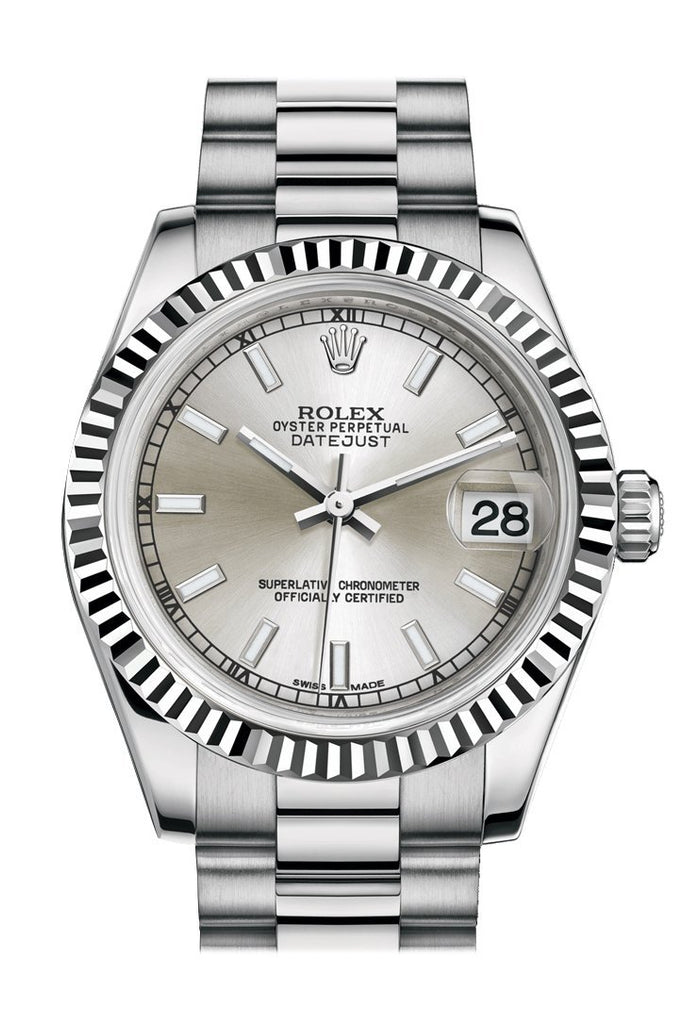 Rolex Datejust 31 Silver Dial Fluted Bezel 18K White Gold President Ladies Watch 178279
