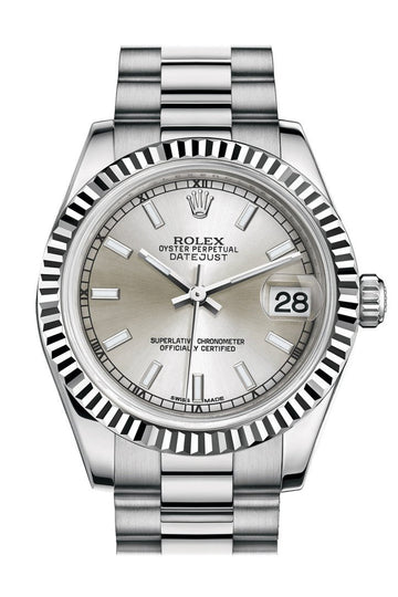 Rolex Datejust 31 Silver Dial Fluted Bezel 18K White Gold President Ladies Watch 178279