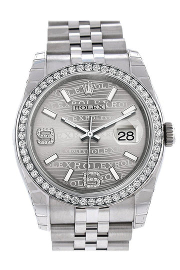 Rolex Datejust 36 Rhodium Waves Diamond Dial 18k White Gold Diamond Bezel Jubilee Men's Watch 116244
