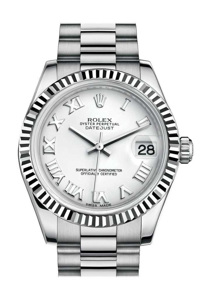 Rolex Datejust 31 White Roman Dial Fluted Bezel 18K White Gold President Ladies Watch 178279