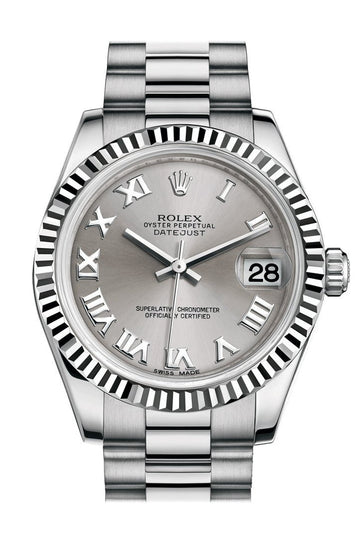 Rolex Datejust 31 Rhodium Roman Dial Fluted Bezel 18K White Gold President Ladies Watch 178279