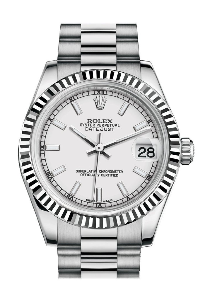 Rolex Datejust 31 White Dial Fluted Bezel 18K White Gold President Ladies Watch 178279