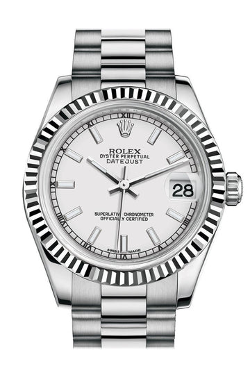 Rolex Datejust 31 White Dial Fluted Bezel 18K White Gold President Ladies Watch 178279