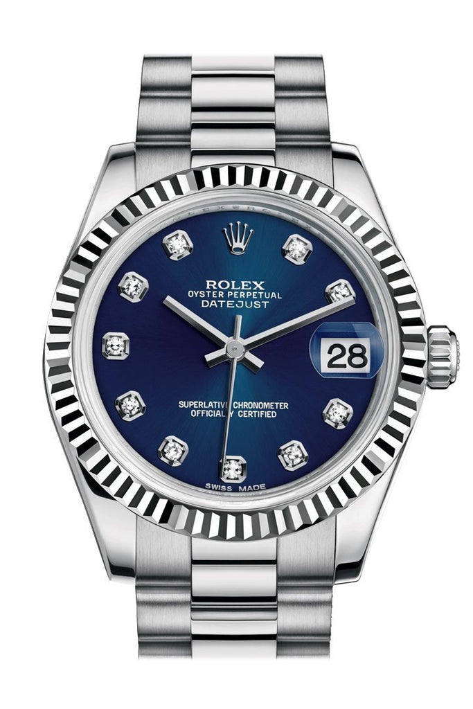 Rolex Datejust 31 Blue Diamond Dial Fluted Bezel 18K White Gold President Ladies Watch 178279