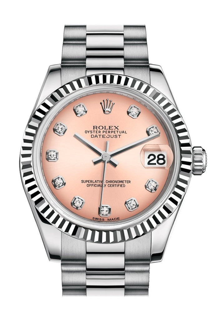 Rolex Datejust 31 Pink Diamond Dial Fluted Bezel 18K White Gold President Ladies Watch 178279