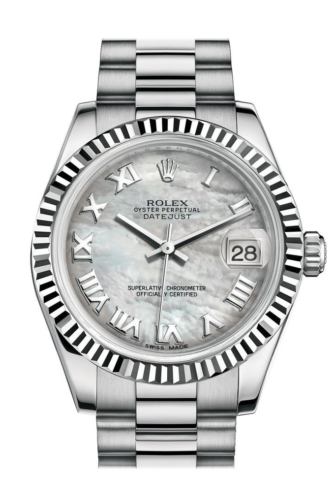 Rolex Datejust 31 White mother-of-pearl Roman Dial Fluted Bezel 18K White Gold President Ladies Watch 178279