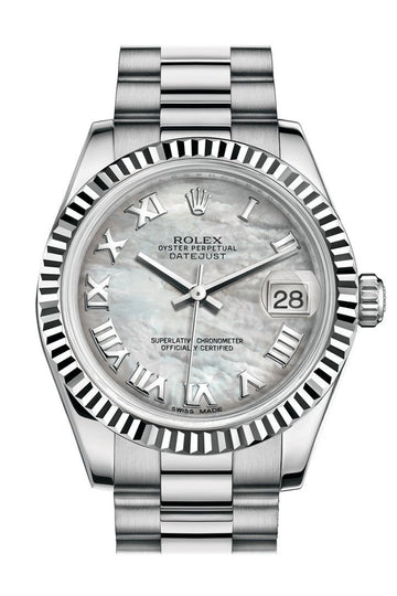Rolex Datejust 31 White mother-of-pearl Roman Dial Fluted Bezel 18K White Gold President Ladies Watch 178279