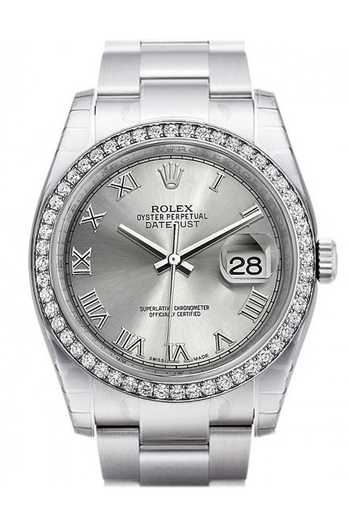 Rolex Datejust 36 Rhodium Roman Dial 18k White Gold Diamond Bezel Men's Watch 116244