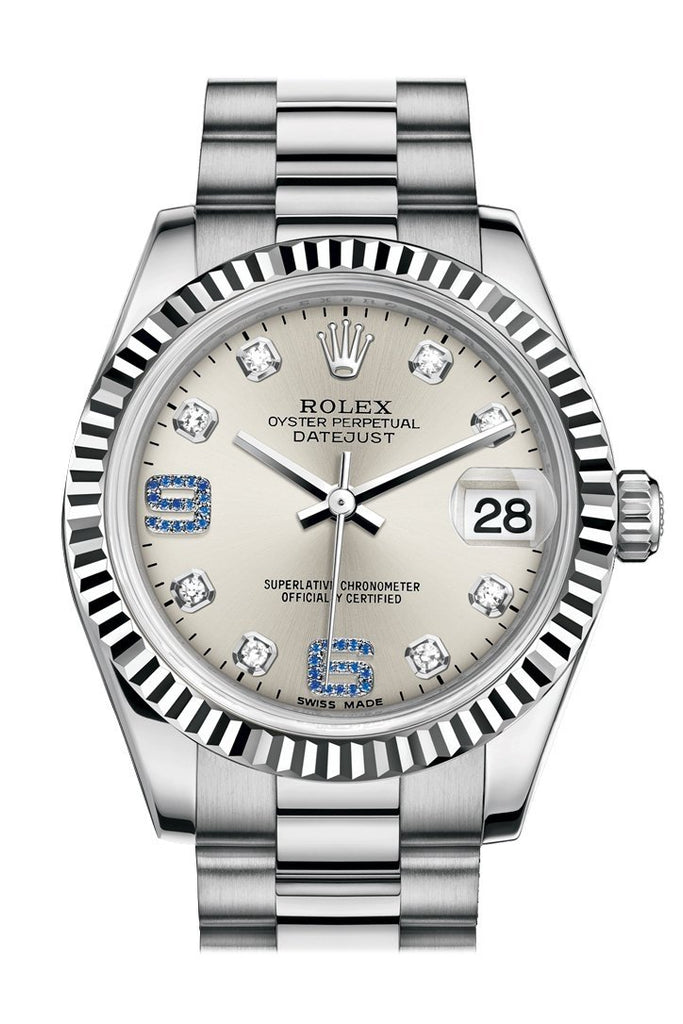 Rolex Datejust 31 Silver set with diamonds and sapphires Dial Fluted Bezel 18K White Gold President Ladies Watch 178279