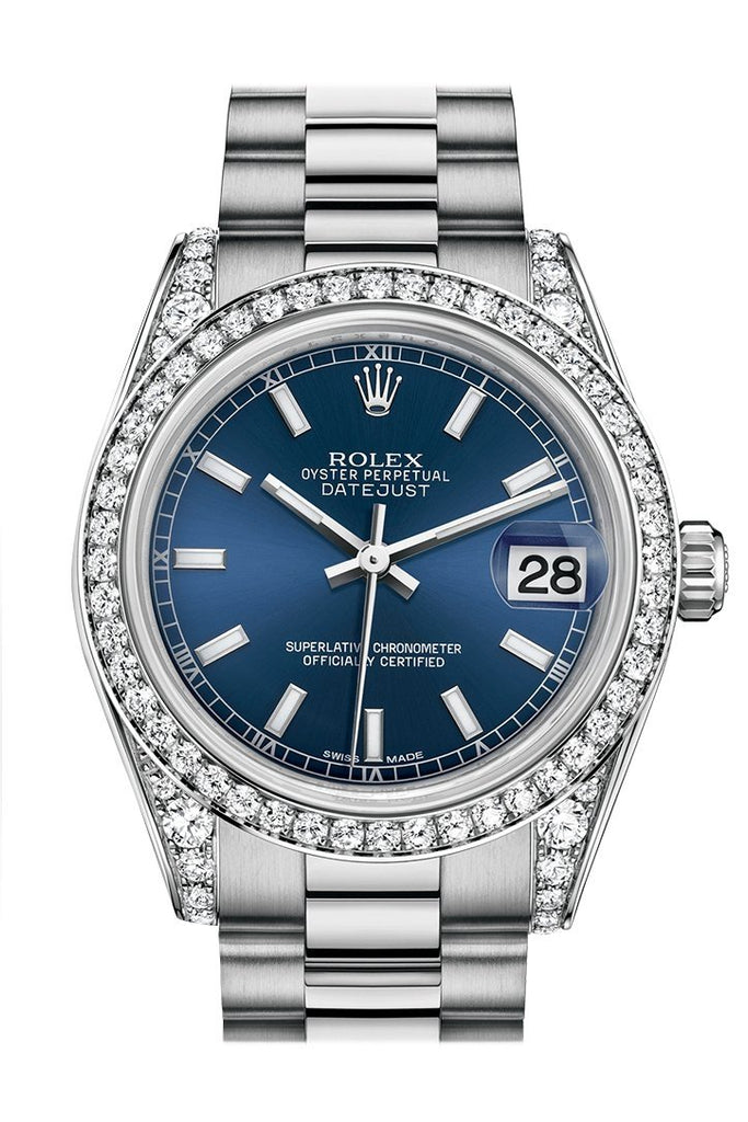 Rolex Datejust 31 Blue Dial Diamond Bezel Lug 18K White Gold President Ladies Watch 178159
