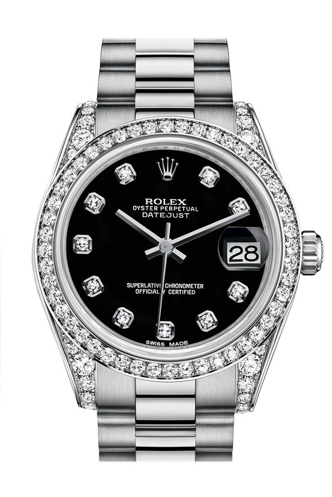 Rolex Datejust 31 Black Diamond Dial Diamond Bezel Lug 18K White Gold President Ladies Watch 178159