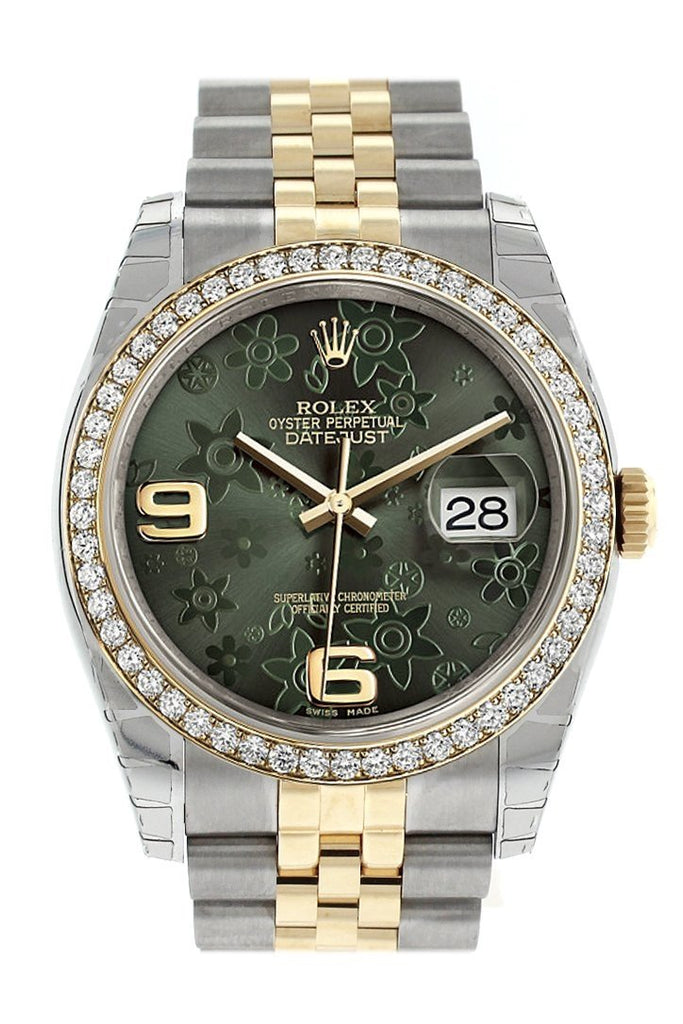Rolex Datejust 36 Green Floral Motif Dial 18k White Gold Diamond Bezel Jubilee Ladies Watch 116243