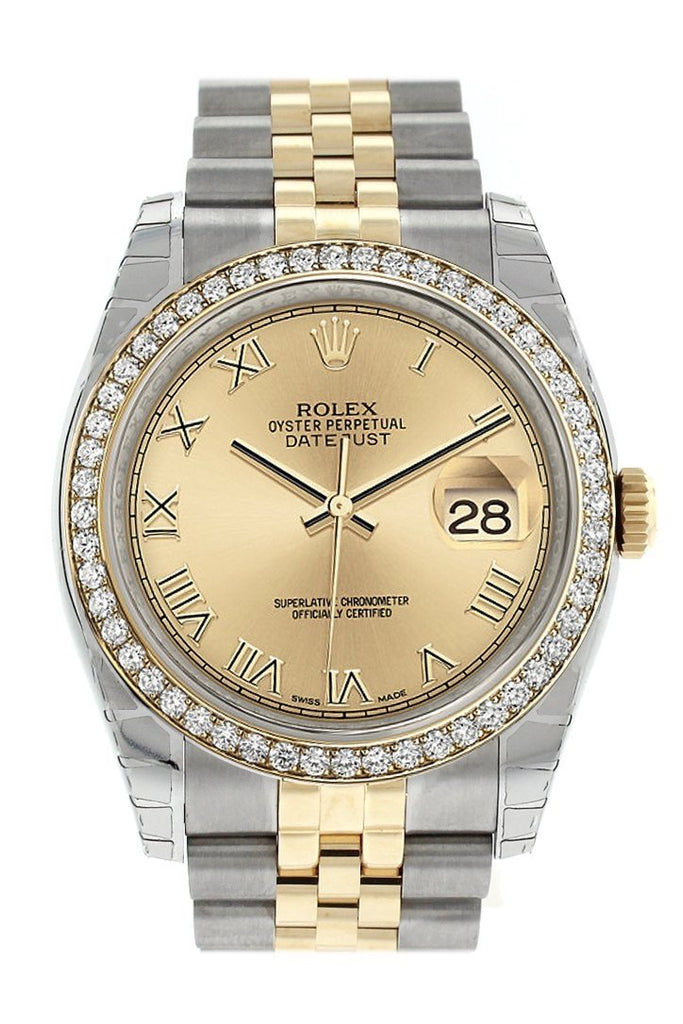 Rolex Datejust 36 Champagne Roman Dial 18k White Gold Diamond Bezel Jubilee Ladies Watch 116243