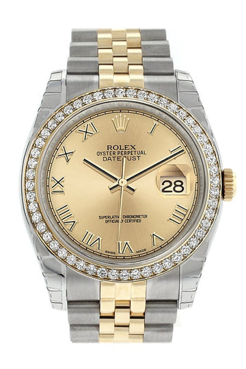 Rolex Datejust 36 Champagne Roman Dial 18k White Gold Diamond Bezel Jubilee Ladies Watch 116243
