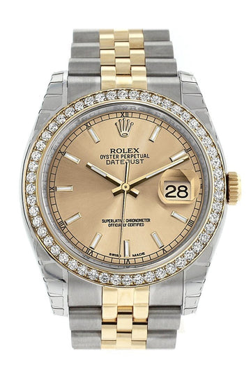 Rolex Datejust 36 Champagne Index Dial 18k White Gold Diamond Bezel Jubilee Ladies Watch 116243