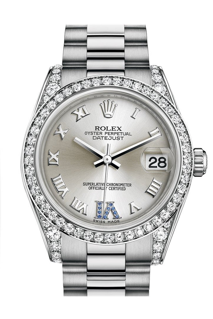 Rolex Datejust 31 Silver Large VI set with sapphires Dial Diamond Bezel Lug 18K White Gold President Ladies Watch 178159
