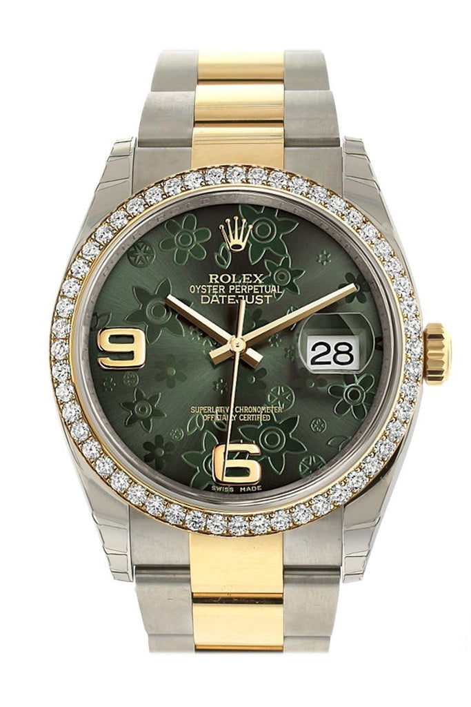 Rolex Datejust 36 Green Floral Motif Dial 18k White Gold Diamond Bezel Ladies Watch 116243