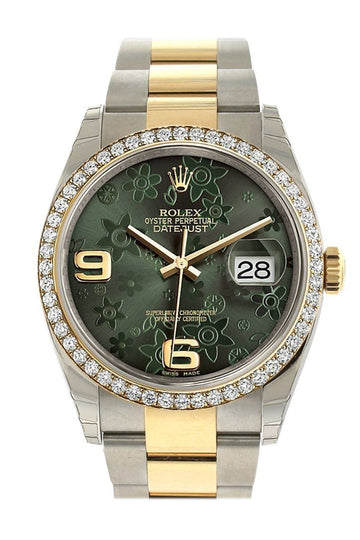 Rolex Datejust 36 Green Floral Motif Dial 18k White Gold Diamond Bezel Ladies Watch 116243