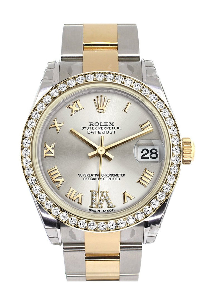 Rolex Datejust 31 Silver Large VI Diamonds Dial Diamond Bezel Yellow Gold Two Tone Watch 178383