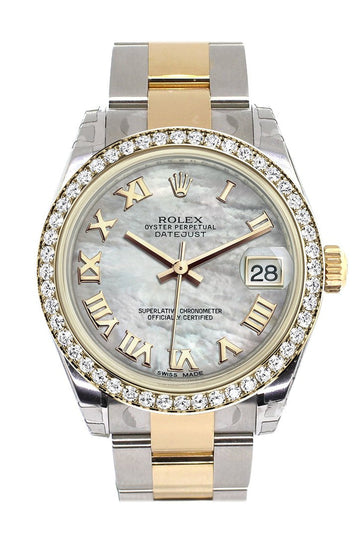 Rolex Datejust 31 White mother-of-pearl Roman Dial Diamond Bezel Yellow Gold Two Tone Watch 178383