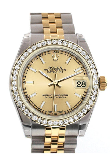 Rolex Datejust 31 Champagne Dial Diamond Bezel Jubilee Yellow Gold Two Tone Watch 178383