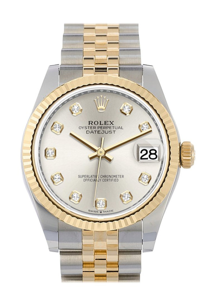 Rolex Datejust 31 Silver Diamond Dial Fluted Bezel 18K Yellow Gold Two