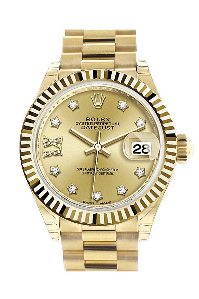 Rolex Datejust 28 Champagne Star Fluted Dial Diamond Bezel President Ladies Watch 279178 NP