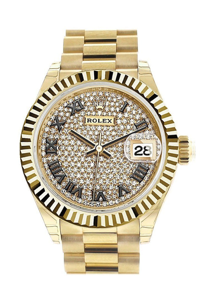 Rolex Datejust 28 Diamond Paved Roman Dial Fluted Bezel President Ladies Watch 279178 NP