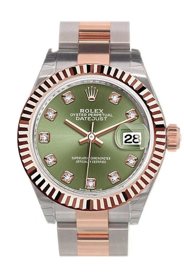 Rolex Datejust 28 Olive Green Diamond Fluted Bezel Dial Oyster Ladies Watch 279171 NP