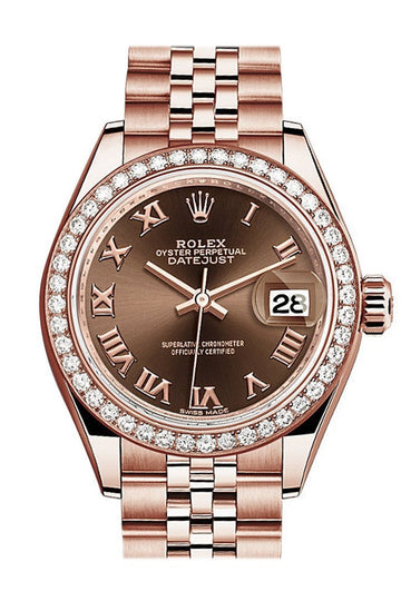 Rolex Datejust 28 Chocolate Roman Dial Diamond Bezel Rose Gold Jubilee Ladies Watch 279135RBR NP