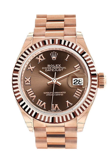 Rolex Datejust 28 Chocolate Roman Dial Fluted Bezel Rose Gold President Ladies Watch 279175 NP